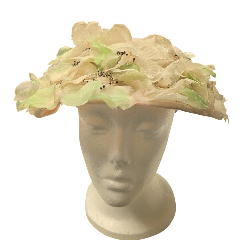 Vintage 1950s Floral Blossom Pillbox Hat – Pastel Pink & Mint Silk Petals – - Picture 2 of 11